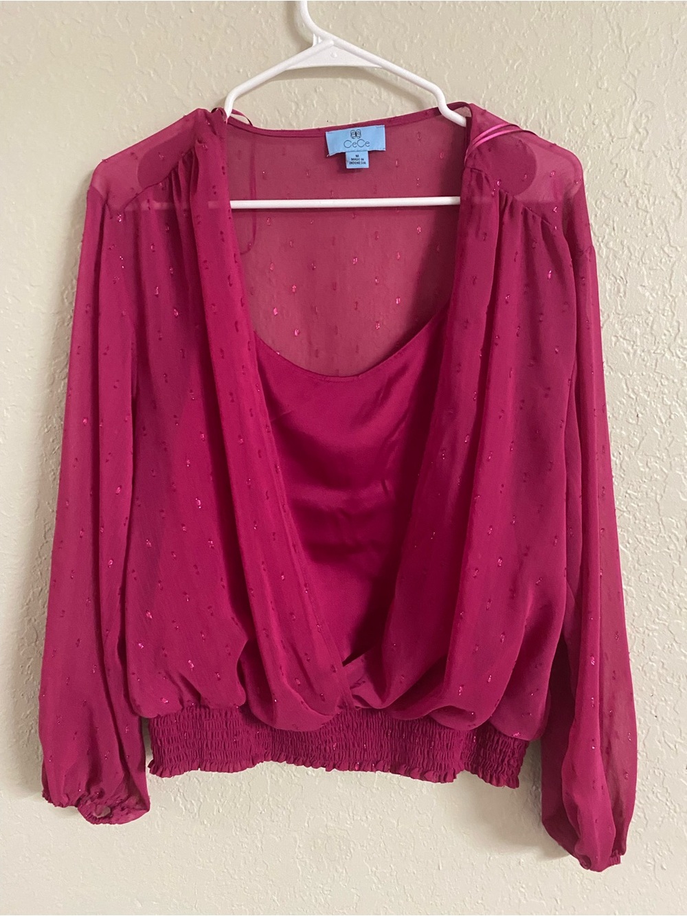 CeCe Magenta Draped Sheer Overlay Blouse